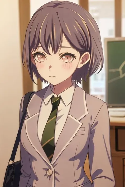 best quality, masterpiece, highres, solo, {takamatsu_tomori_bangdreamitsmygo:1.15}, short_hair, blush, bangs, necktie, blazer, upper_body, brown_eyes, black_hair, 1girl, blurry, blurry_background, closed_mouth, collared_shirt, jacket, looking_at_viewer, school_uniform, shirt, white_shirt, striped_necktie, striped