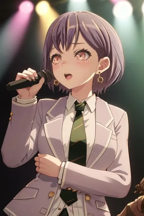 best quality, masterpiece, highres, solo, {takamatsu_tomori_bangdreamitsmygo:1.15}, short_hair, blush, bangs, necktie, blazer, upper_body, brown_eyes, black_hair, 1girl, earrings, holding, holding_microphone, jewelry, microphone, music, open_mouth, shirt, singing, collared_shirt, jacket, long_sleeves, hair_behind_ear, white_shirt, red_eyes