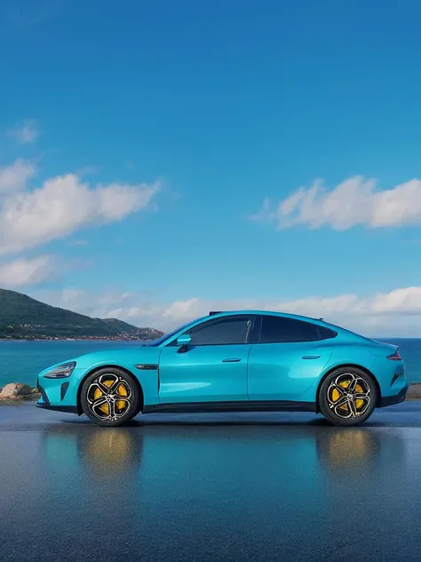 xiaomiSU7,blue,Golden Dragon, extreme bottom view with superb atmospheric feel, over the sea, Wide- angle view, Macaron color, Advertising, rainy season, downpour,
<lora:xiaomiSU72-000008:0.8>,car,