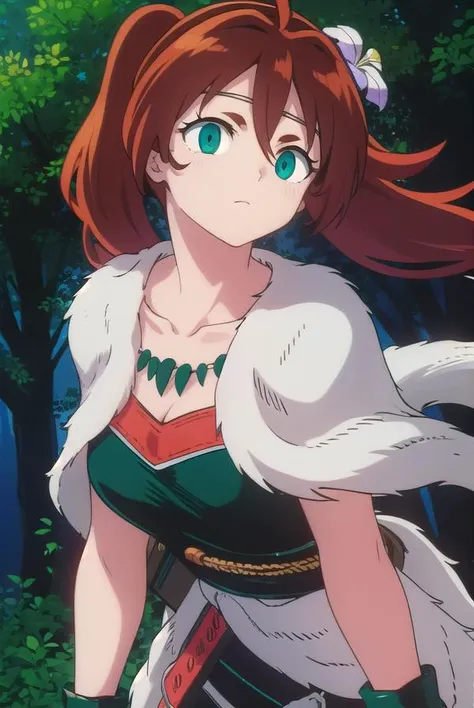 inuyashaayame, <lora:inuyasha ayame anime s4-lora-nochekaiser:1>,
ayame, long hair, brown hair, hair ornament, twintails, (green eyes:1.3), flower, red hair, sword, hair flower,
BREAK jewelry, necklace, cape, collarbone,
BREAK outdoors,
BREAK looking at viewer, (cowboy shot:1.5),
BREAK <lyco:GoodHands-beta2:1>, (masterpiece:1.2), best quality, high resolution, unity 8k wallpaper, (illustration:0.8), (beautiful detailed eyes:1.6), extremely detailed face, perfect lighting, extremely detailed CG, (perfect hands, perfect anatomy),