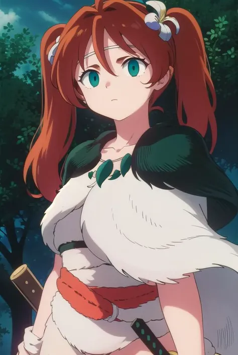 inuyashaayame, <lora:inuyasha ayame anime s4-lora-nochekaiser:1>,
ayame, long hair, brown hair, hair ornament, twintails, (green eyes:1.3), flower, red hair, sword, hair flower,
BREAK jewelry, necklace, cape, collarbone,
BREAK outdoors,
BREAK looking at viewer, (cowboy shot:1.5),
BREAK <lyco:GoodHands-beta2:1>, (masterpiece:1.2), best quality, high resolution, unity 8k wallpaper, (illustration:0.8), (beautiful detailed eyes:1.6), extremely detailed face, perfect lighting, extremely detailed CG, (perfect hands, perfect anatomy),
