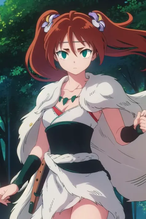 inuyashaayame, <lora:inuyasha ayame anime s4-lora-nochekaiser:1>,
ayame, long hair, brown hair, hair ornament, twintails, (green eyes:1.3), flower, red hair, sword, hair flower,
BREAK jewelry, necklace, cape, collarbone,
BREAK outdoors,
BREAK looking at viewer, (cowboy shot:1.5),
BREAK <lyco:GoodHands-beta2:1>, (masterpiece:1.2), best quality, high resolution, unity 8k wallpaper, (illustration:0.8), (beautiful detailed eyes:1.6), extremely detailed face, perfect lighting, extremely detailed CG, (perfect hands, perfect anatomy),