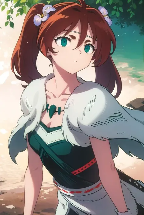 inuyashaayame, <lora:inuyasha ayame anime s4-lora-nochekaiser:1>,
ayame, long hair, brown hair, hair ornament, twintails, (green eyes:1.3), flower, red hair, sword, hair flower,
BREAK jewelry, necklace, cape, collarbone,
BREAK outdoors,
BREAK looking at viewer, (cowboy shot:1.5),
BREAK <lyco:GoodHands-beta2:1>, (masterpiece:1.2), best quality, high resolution, unity 8k wallpaper, (illustration:0.8), (beautiful detailed eyes:1.6), extremely detailed face, perfect lighting, extremely detailed CG, (perfect hands, perfect anatomy),