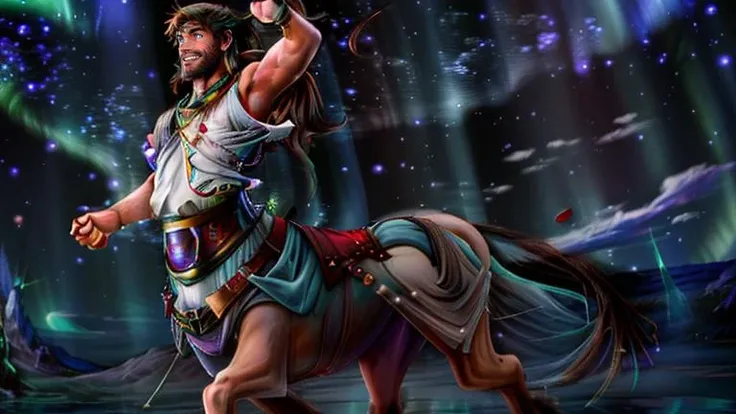 ((Aurora))<lora:centaur_centaur-1--centaur-2_centaur-3--retro_ham_avas_jun_rifl--08-02:1>, (centaur, taur, centauroid:1.0), runing, (full body:1), armpit peek, biceps, blue eyes, brown hair, chest, crestren, facial hair, highres, looking at viewer, male focus, pectorals, simple background, smile, solo, s toned, toned male, galaxy, star sky, <lora:copax_kagaya_zodiac_style-000003:1>