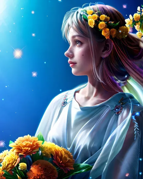 1 girl, (detailed skin, supple skin pores), [freckles], [beauty marks], white dress, full body, masterpiece,ultra realistic,32k,extremely detailed CG unity 8k wallpaper, best quality,  flower,  <lora:copax_kagaya_zodiac_style-000003:1>