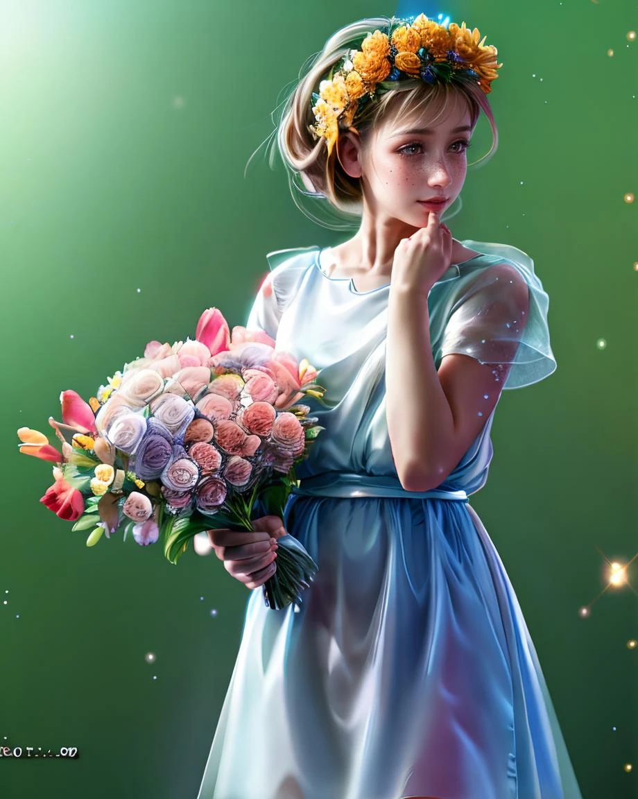 1 girl, (detailed skin, supple skin pores), [freckles], [beauty marks], white dress, full body, masterpiece,ultra realistic,32k,extremely detailed CG unity 8k wallpaper, best quality,  flower,  <lora:copax_kagaya_zodiac_style-000003:1>