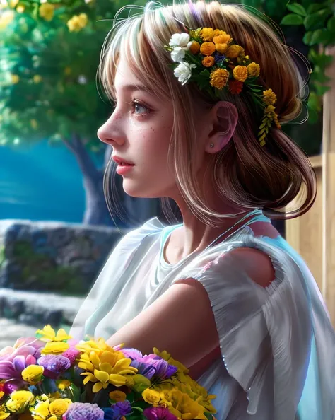 1 girl, (detailed skin, supple skin pores), [freckles], [beauty marks], white dress, full body, masterpiece,ultra realistic,32k,extremely detailed CG unity 8k wallpaper, best quality,  flower,  <lora:copax_kagaya_zodiac_style-000003:1>