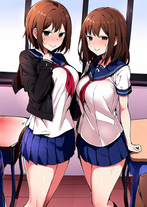 (NSFW:1.3),multipul Girls, 5 girls,group photo, school uniform, in classroom, 22 age old, {{full-face blush}}, looking at viewer, {{surprised}}, happy, smile, glad,  steam,  (covering breasts by hands:1.2), (covering crotch:1.2),