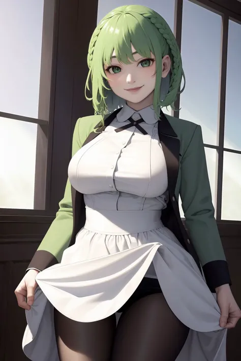 solo, 1girl, seductive smile, green hair, french braid, heavy fringe, dark green eyes, Blouson_dress - This is a dress with a fitted/clinched waist which will cause the top portion to have a billowing effect., haunted library, polar ice cap, chiaroscuro, sunbeam, fairytale, surreal, mystical <lora:naomura_tooru_style_v01:0.75>