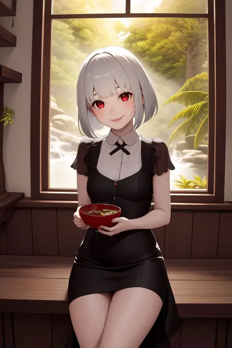 solo, 1girl, seductive smile, grey hair, bowl cut hair, blunt bangs, red eyes, Little_Black_Dress - This refers to a short dress made in black.Usually this is a fitting dress which is short., jewish temple, tropical rainforest, anaglyph, glttering light, fairytale, surreal, mystical <lora:naomura_tooru_style_v01:0.75>