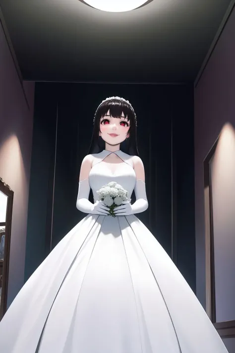 solo, 1girl, seductive smile, black hair, long hair, blunt bangs, red eyes, Debutante_dress - This is a white gown typically worn by debutantes on their first ball. The white formal full length gown is usually accompanied by white kid gloves., bathroom, polar, chiaroscuro, frontlighting, fairytale, surreal, mystical <lora:naomura_tooru_style_v01:1>