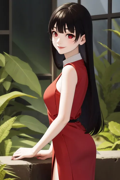 solo, 1girl, seductive smile, black hair, long hair, blunt bangs, red eyes, Paneled_dress - This is a dress which is fitted in the top portion and then flares gradually towards the hem. This effect is usually achieved with panels., office, temperate jungle, depth of field, sidelighting, fairytale, surreal, mystical <lora:naomura_tooru_style_v01:1>