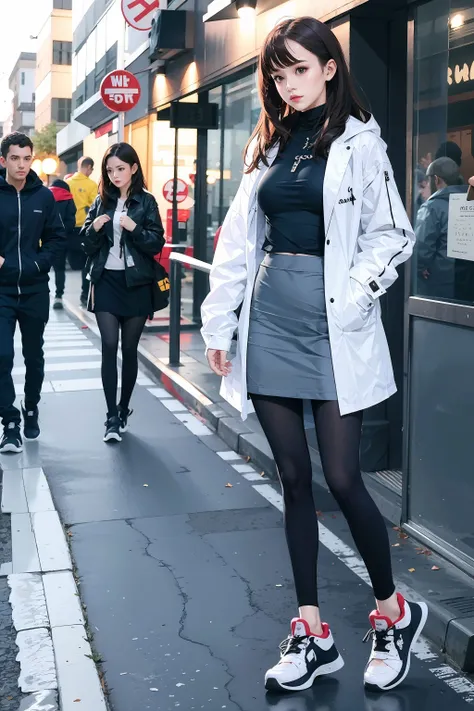 <lora:Grandia-000006:0.8>1girl,full body, reflection,
breasts, high heels,jacket, garter straps, headgear, black footwear, off shoulder, long sleeves, sleeves past wrists, medium breasts, open jacket, open clothes,
outdoors, In the street,