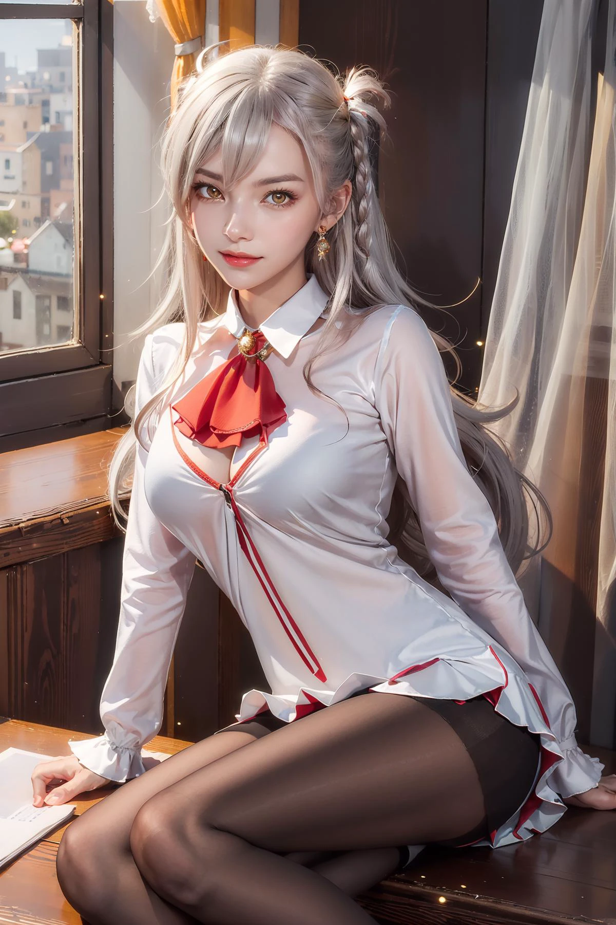 ((masterpiece, best quality, high resolution)), best quality, masterpiece, portrait, a photography of a beautiful girl, detailed face, naughty smile, (blush:1.2), 1girl, pantyhose, thighband_pantyhose, sitting, long_hair, crossed_legs, solo, looking_at_viewer, ahoge, breasts, ribbon, arm_support, ascot, bangs, hair_ribbon, parted_lips, very_long_hair, silver_hair, long_sleeves, yellow_eyes, eyebrows_visible_through_hair, jewelry, shirt, brown_legwear, skirt, hand_up, hair_between_eyes, brooch, blush, black_legwear, medium_breasts, light_particles,
AP, PartyDress, long dress, 1girl, book, solo,
<lora:FGOOlgaMarie:0.9:TEST>