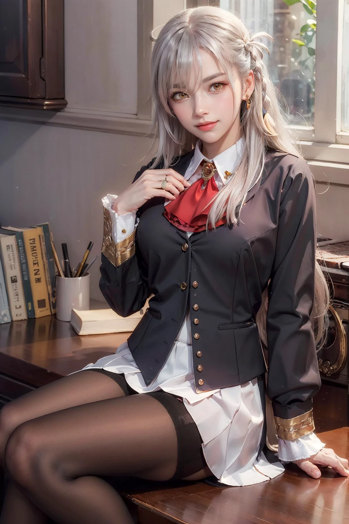 ((masterpiece, best quality, high resolution)), best quality, masterpiece, portrait, a photography of a beautiful girl, detailed face, naughty smile, (blush:1.2), 1girl, pantyhose, thighband_pantyhose, sitting, long_hair, crossed_legs, solo, looking_at_viewer, ahoge, breasts, ribbon, arm_support, ascot, bangs, hair_ribbon, parted_lips, very_long_hair, silver_hair, long_sleeves, yellow_eyes, eyebrows_visible_through_hair, jewelry, shirt, brown_legwear, skirt, hand_up, hair_between_eyes, brooch, blush, black_legwear, medium_breasts, light_particles,
MelloiII, YoungOlga, 1girl, book, solo,
<lora:FGOOlgaMarie:0.9:TEST>