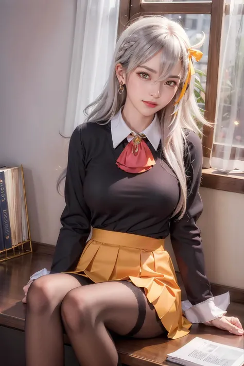 ((masterpiece, best quality, high resolution)), best quality, masterpiece, portrait, a photography of a beautiful girl, detailed face, sweet smile, (blush:1.2), 1girl, pantyhose, thighband_pantyhose, sitting, long_hair, crossed_legs, solo, looking_at_viewer, ahoge, breasts, ribbon, arm_support, ascot, bangs, hair_ribbon, parted_lips, very_long_hair, silver_hair, long_sleeves, yellow_eyes, eyebrows_visible_through_hair, jewelry, shirt, brown_legwear, skirt, hand_up, hair_between_eyes, brooch, blush, black_legwear, medium_breasts, light_particles,
Default, OfficialOutfit, 1girl, book, solo,
<lora:FGOOlgaMarie:0.9:TEST>