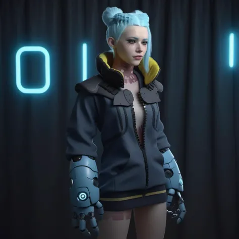 a woman with light blue skin, ligh blue hair, wear a jacket, robotic big hands, cyberpunk background, highly detailed, photography, ultra sharp, film, bokeh, professional, 64k <lora:Rebecca1024:0.8>