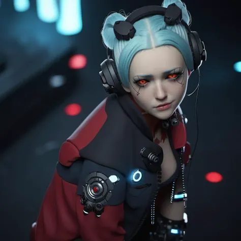 a woman, ligh blue hair, long pigtails, red tatttoos, wears a jacket, headphones, robotic big fists, cyberpunk background, highly detailed, photography, ultra sharp, film, bokeh, professional, 64k <lora:Rebecca1024:0.8>