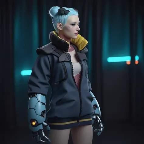 a woman with light blue skin, ligh blue hair, wear a jacket, robotic big hands, cyberpunk background, highly detailed, photography, ultra sharp, film, bokeh, professional, 64k <lora:Rebecca1024:0.8>