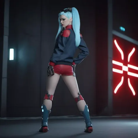 a woman, ligh blue hair, long pigtails, red tatttoos, wears a jacket, headphones, robotic big fists, cyberpunk background, highly detailed, photography, ultra sharp, film, bokeh, professional, 64k <lora:Rebecca1024:0.8>