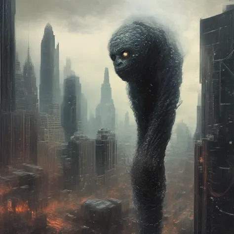 photo, a giant alien standing in the middle of a city (megademons style:1) <lora:djzMegaDemonsV21:1>