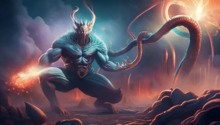 wide-shot, action, massive scale Fighting Pose, photo of (TwinRealms:1) (TentacleBeast:1) (MicroFusion:1) (HeavenlyLord:1), Unfathomable unearthly Invasion by ungodly creations from beyond the outer limits of heavens broken threshold