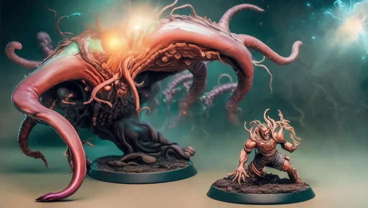 wide-shot, action, massive scale Fighting Pose, photo of (TwinRealms:1) (TentacleBeast:1) (MicroFusion:1) (HeavenlyLord:1), Unfathomable unearthly Invasion by ungodly creations from beyond the outer limits of heavens broken threshold