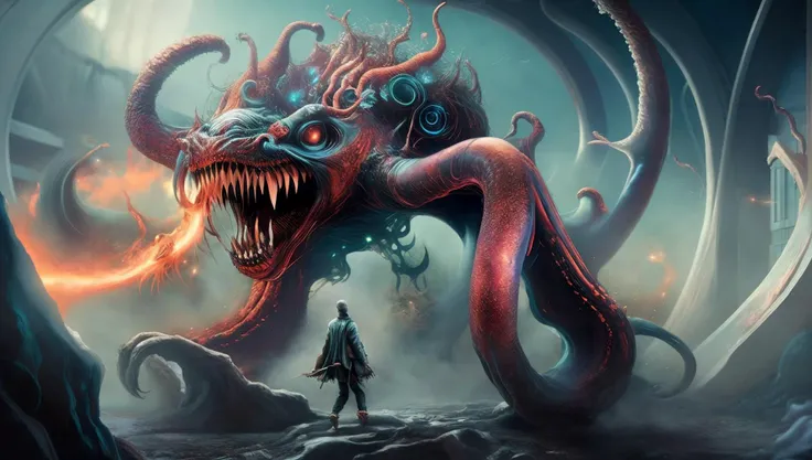wide-shot, action, massive scale Fighting Pose, photo of (TwinRealms:1) (TentacleBeast:1) (MicroFusion:1) (HeavenlyLord:1), Unfathomable unearthly Invasion by ungodly creations from beyond the outer limits of heavens broken threshold