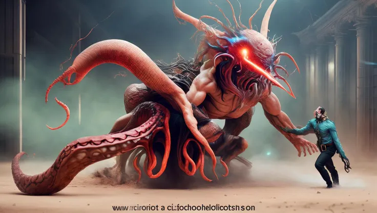 wide-shot, action, massive scale Fighting Pose, photo of (TwinRealms:1) (TentacleBeast:1) (MicroFusion:1) (HeavenlyLord:1), Unfathomable unearthly Invasion by ungodly creations from beyond the outer limits of heavens broken threshold