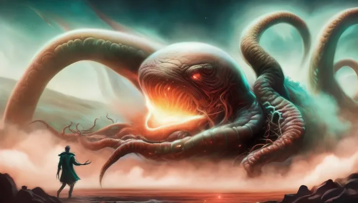 wide-shot, action, massive scale Fighting Pose, photo of (TwinRealms:1), (TentacleBeast:1) Unfathomable unearthly Invasion by ungodly creations from beyond the outer limits of heavens broken threshold