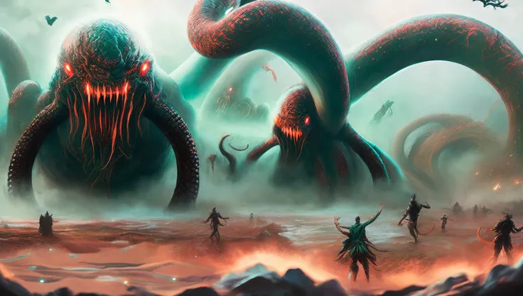 wide-shot, action, massive scale Fighting Pose, photo of (TwinRealms:1), (TentacleBeast:1) Unfathomable unearthly Invasion by ungodly creations from beyond the outer limits of heavens broken threshold