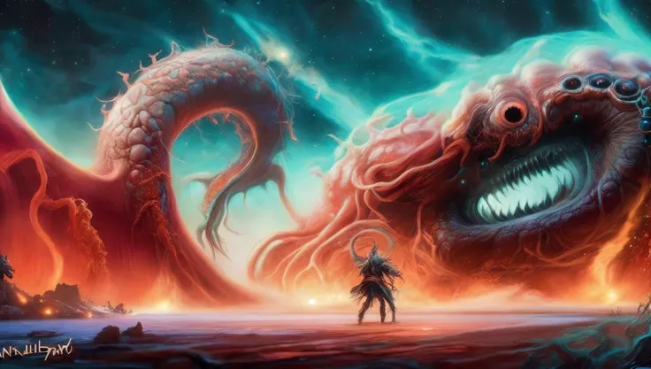 wide-shot, action, massive scale Fighting Pose, photo of (TwinRealms:1), (TentacleBeast:1) Unfathomable unearthly Invasion by ungodly creations from beyond the outer limits of heavens broken threshold