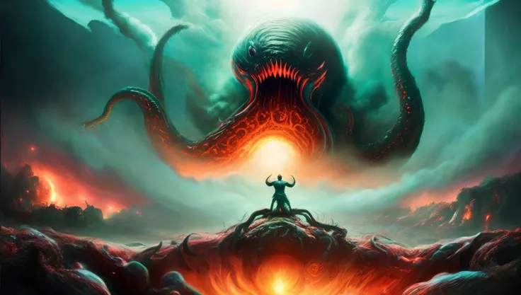 wide-shot, action, massive scale Fighting Pose, photo of (TwinRealms:1), (TentacleBeast:1) Unfathomable unearthly Invasion by ungodly creations from beyond the outer limits of heavens broken threshold