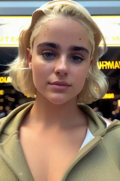 stunningly beautiful woman <lora:stefaniaFerrario:1>, shoulder length blonde hair, hazel eyes, sweatshirt, widow shopping downtown, perfect day in the city, warm lighting, upper body, (close up:1.4), cinematic lighting, (candid, amateur), [smiling:0.5], cinematic shot, raw, uhd, 8k, fujifilm xt3, perfect day, highly detailed face, voluptuous, [chubby]
