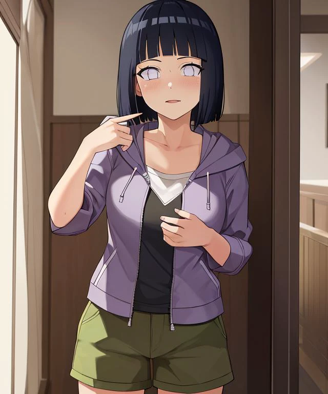 nsfw, Best quality, absurdres, ultra-detailed, <lora:HinataV3-1:1>, hyuuga hinata, Hinata-Boruto-Outfit, purple_cropped_jacket, white_undershirt, green_shorts, 1girl, breasts, solo, short hair