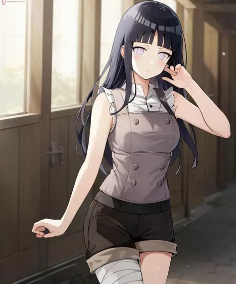 Best quality, absurdres, ultra-detailed, <lora:HinataV3:1>, hyuuga hinata, Hinata-Sleeveless-Outfit, sleeveless_shirt, black_shorts, bandaged_leg