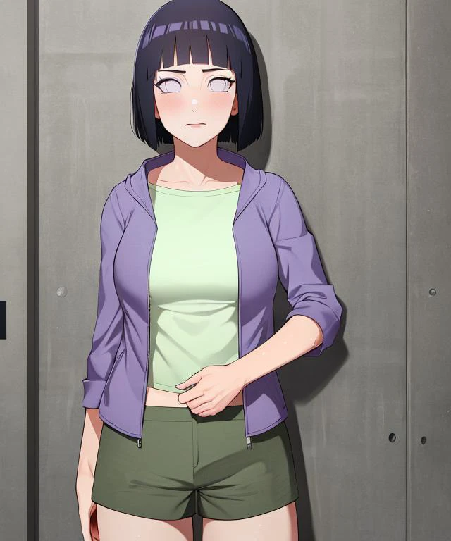 nsfw, Best quality, absurdres, ultra-detailed, <lora:HinataV3-1:1>, hyuuga hinata, Hinata-Boruto-Outfit, purple_cropped_jacket, white_undershirt, green_shorts, 1girl, breasts, solo, short hair