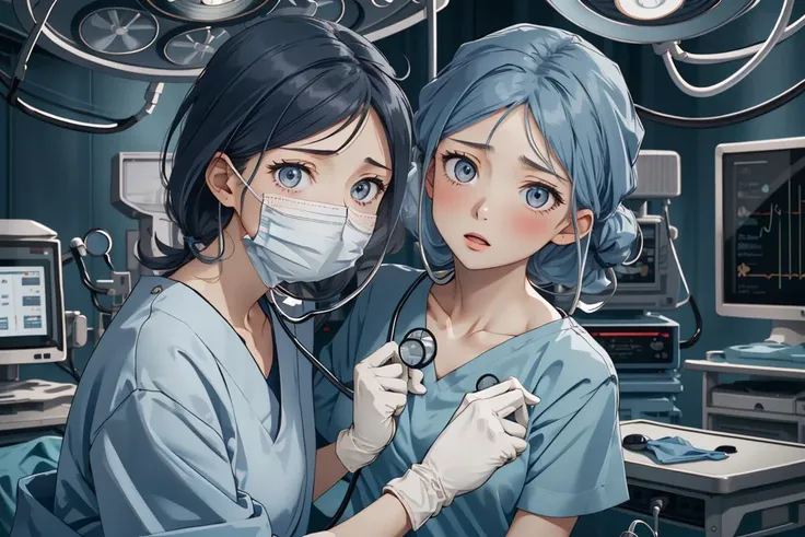 (RAW photo, best quality,facing the viewer,from front), operating room, overhead surgical light,blurred background, focused, dithering,backlighting,
<lora:CM_Scene_Surgical_Exam_V2.0-000007:0.85> 2girls, scene_surgexamnurse, surgical mask, doctor, stethoscope, gloves,
<lora:HinataV3:0.7> hyuuga hinata, solo,dark blue hair, long hair,white eyes,
