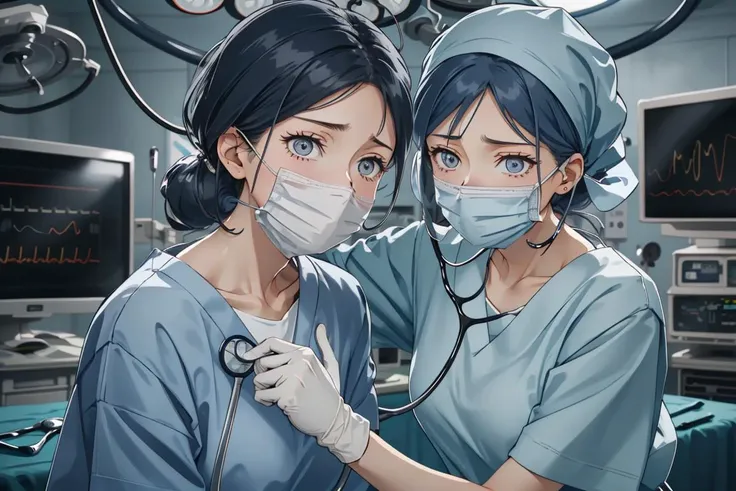 (RAW photo, best quality,facing the viewer,from front), operating room, overhead surgical light,blurred background, focused, dithering,backlighting,
<lora:CM_Scene_Surgical_Exam_V2.0-000007:0.85> 2girls, scene_surgexamnurse, surgical mask, doctor, stethoscope, gloves,
<lora:HinataV3:0.7> hyuuga hinata, solo,dark blue hair, long hair,white eyes,