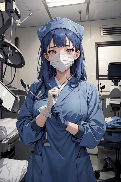 (RAW photo, best quality), (1girl), operating room, overhead surgical light,blurred background, focused,
 <lora:Gloving_UP_V2.0-000006:0.8> gloving_surgeon, surgical mask, long sleeves, looking at viewer, adjusting gloves, bouffant cap, gloves,glove pull,
 <lora:HinataV3:0.7> hyuuga hinata, solo,dark blue hair, long hair,white eyes,