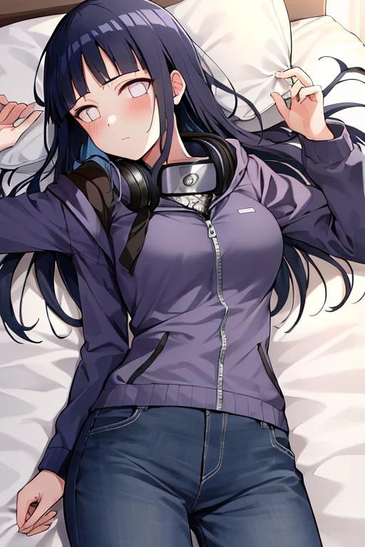 Best quality, absurdres, ultra-detailed, <lora:HinataV3:1>,hyuuga hinata, Hinata-Jacket-Outfit, 1girl, solo, breasts, blush, forehead_protector_around_neck, lying, on_back, bed