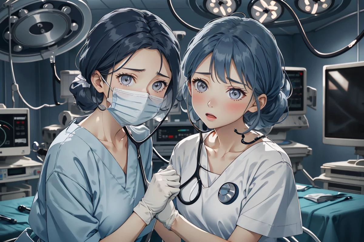(RAW photo, best quality,facing the viewer,from front), operating room, overhead surgical light,blurred background, focused, dithering,backlighting,
<lora:CM_Scene_Surgical_Exam_V2.0-000007:0.85> 2girls, scene_surgexamnurse, surgical mask, doctor, stethoscope, gloves,
<lora:HinataV3:0.7> hyuuga hinata, solo,dark blue hair, long hair,white eyes,