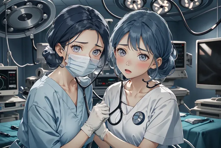 (RAW photo, best quality,facing the viewer,from front), operating room, overhead surgical light,blurred background, focused, dithering,backlighting,
 <lora:CM_Scene_Surgical_Exam_V2.0-000007:0.85> 2girls, scene_surgexamnurse, surgical mask, doctor, stethoscope, gloves, 
 <lora:HinataV3:0.7> hyuuga hinata, solo,dark blue hair, long hair,white eyes,