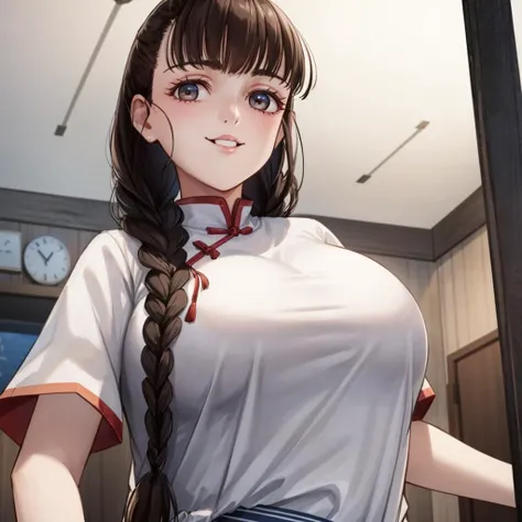 best quality,masterpiece,from_below,looking_at_viewer,looking_down,Master piece,extremely detailed CG unity 8k,cinemic lighting,
miaoqingqing, 1girl, solo, twin braids, chinese clothes, brown hair, smile, white background, portrait, simple background, dress, upper body, looking at viewer, parted lips,
cowboy shot,from below,from front,looking at viewer,looking_at_viewer, huge_breasts, huge ass,curvy,thick thighs,
<lora:dim32Nai20each_miao-000001:0.8>