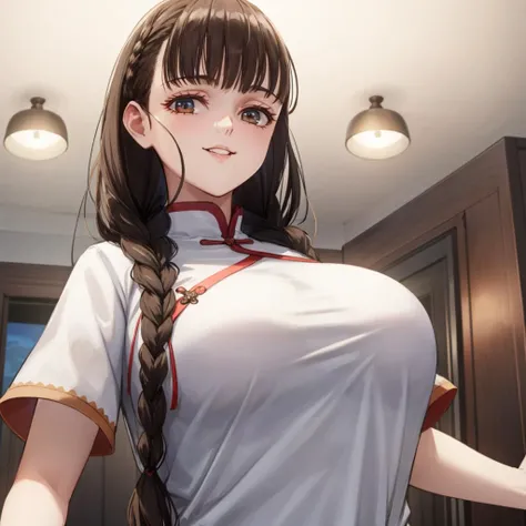 best quality,masterpiece,from_below,looking_at_viewer,looking_down,Master piece,extremely detailed CG unity 8k,cinemic lighting,
miaoqingqing, 1girl, solo, twin braids, chinese clothes, brown hair, smile, white background, portrait, simple background, dress, upper body, looking at viewer, parted lips,
cowboy shot,from below,from front,looking at viewer,looking_at_viewer, huge_breasts, huge ass,curvy,thick thighs,
<lora:dim32Nai20each_miao-000001:0.7>