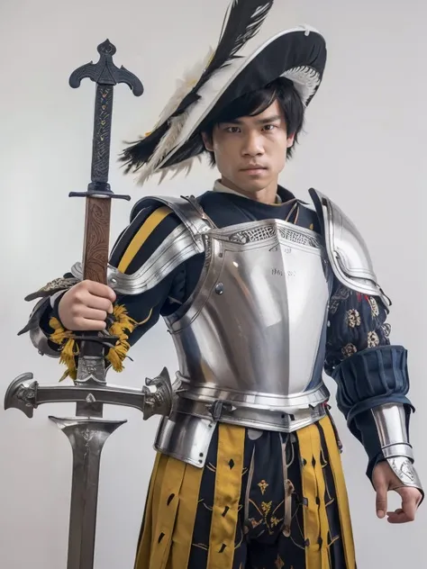 Photo-realistic high resolution photography of simple white background, a teen boy wearing landknt full plate armor with a feathered hat, pauldrons, (sword on the shoulder:1.2) <lora:Landsknecht_Costume:0.7> wearing landsknecht armor, long sleeves doublets, big hat, big pants, bokeh, LDSR, Depth of Field, OverallDetail