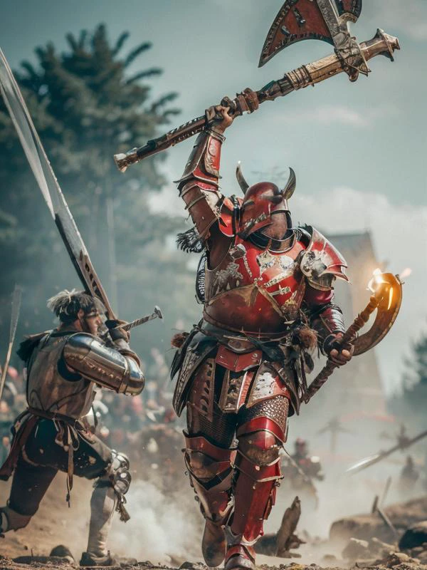 Photo-realistic high resolution photography of a smaller soldierwearing landsknecht armor, long sleeves doublets, big hat with feather plumes, big pants, swinging a large steel sword overhead against a giant khorne warrior in red bulky metal armor charging at him. <lora:chaoswarrior:1> <lora:Landsknecht_Costume:0.7>, bokeh, LDSR, Depth of Field, OverallDetail