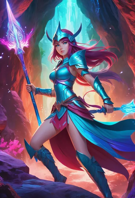 anime artwork Flowing magic light, blue purple teal red, young woman fantasy warrior holding a magical spear in epic battle in a cave, fantasy feminine helmet, (highly detailed, intricate background:1.2), . anime style, key visual, vibrant, studio anime, highly detailed