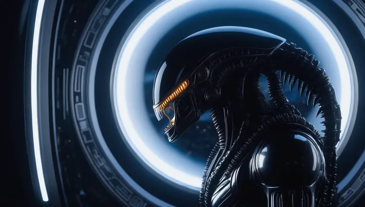 hyper realism (back view of xenomorph creature wearing aristocratic tech wear:1.45), viewing of a beautiful space bio mechanical environment from a very large round panoramic window of a futuristic alien spaceship.
concept art of detailed character, 4k, golden cinematic filter, shallow depth of field, highly detailed, high budget, moody, epic. (glowing particles), dark complementary colors, soft shadows and lights, masterpiece.
prevailing body tension, incredible dark and velvet texture, exquisite detail, sharp focus, emitting diodes, smoke, system unit, interfaces, symmetry, Copax Timeless filter.