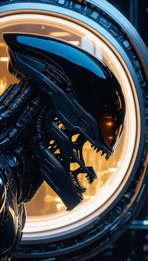 hyperrealism (close-up back view of xenomorph creature wearing aristocratic tech wear:1.45), viewing of a beautiful space nebula from a very large round panoramic window of a futuristic alien spaceship in a biomechanical environment.
concept art of detailed character, 4k, golden cinematic filter, shallow depth of field, highly detailed, high budget, moody, epic. (glowing particles), vivid colors and lights, rich deep colors masterpiece.
prevailing body tension, (biomechanical features), highly detailed Character, incredible dark and velvet textures, exquisite detail, sharp focus, emitting diodes, smoke, system unit, gui, interfaces, golden ratio, symmetry.